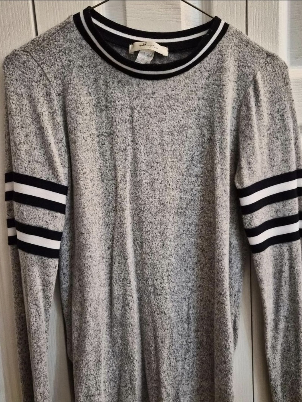 Sage Heather Gray Crewneck Sweater with Black & White Striped Trim